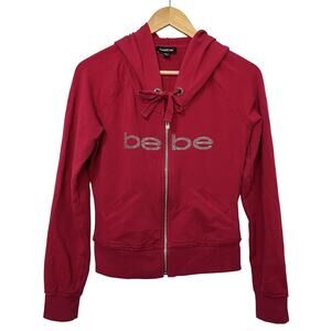 Bebe Y2K Full Zip Rhinestone Logo Cropped Hoodie Size M Red 2000s School Womens